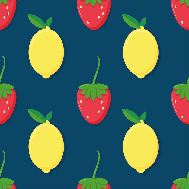 Fresas y limones en patrón transparente azul profundo Ilustración vectorial
