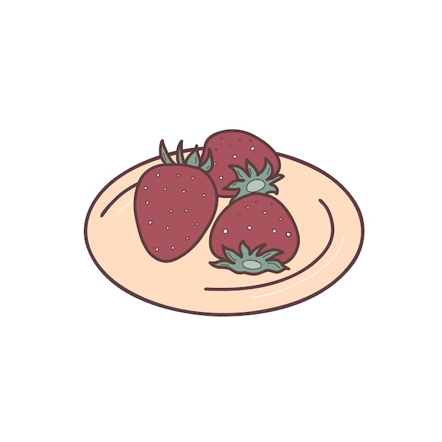 Fresas en la parte superior y lateral del plato Vector de fresas de jardín plano dibujado a mano aislado sobre fondo blanco