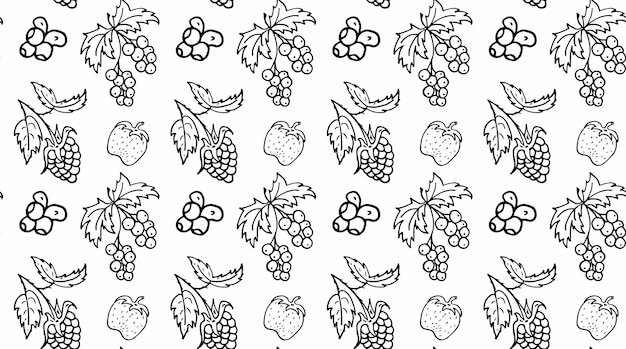 Fresas de patrones sin fisuras grosellas rojas arándanos frambuesas Vector de doodle blanco y negro