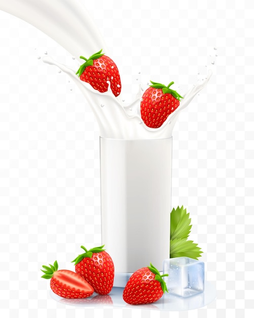 Fresas que caen en un vaso de leche o yogur Salpicaduras de leche dulce Batido de frutas publicidad pancarta yogur gotas voladoras bebida blanca en vaso de vidrio Vector 3d realista aislado