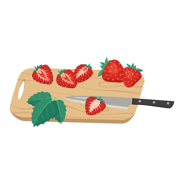 Fresas rojas frescas en tabla de cortar de madera con cuchillo. Dulce comida saludable, delicioso postre o merienda. Ilustración plana vectorial