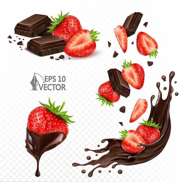 Vector fresas en salsa de chocolate bayas maduras cayendo en choco splash ilustración vectorial realista