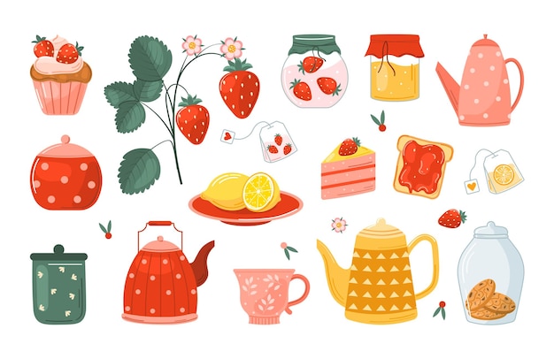 Fresas tazas de té tetera limones galletas postres de fresas magdalenas tostadas mermelada