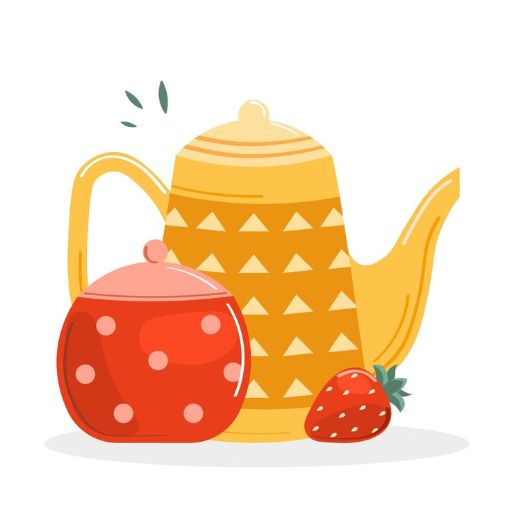 Vector fresas de té de tetera y azúcar vitaminas de verano tarjeta linda o ilustración de vector de impresión
