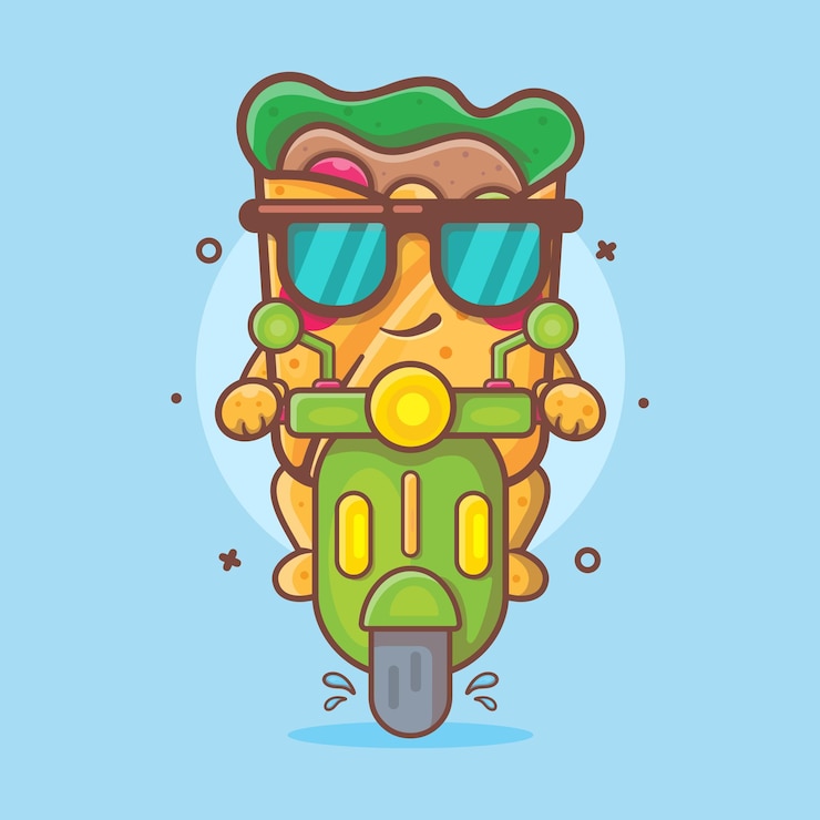 Vector fresco burrito comida personaje mascota montar scooter motocicleta dibujos animados aislados en diseño de estilo plano