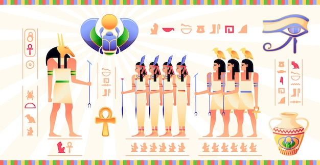 Fresco egipcio Mural del Antiguo Egipto con jeroglíficos y escenas de mitología faraón de dibujos animados Isis Anubis Osiris personajes Vector ilustración