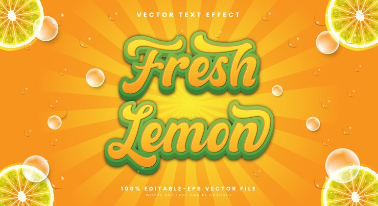 Vector fresco limón 3d plantilla de efecto de texto editable adecuada para la fruta de verano