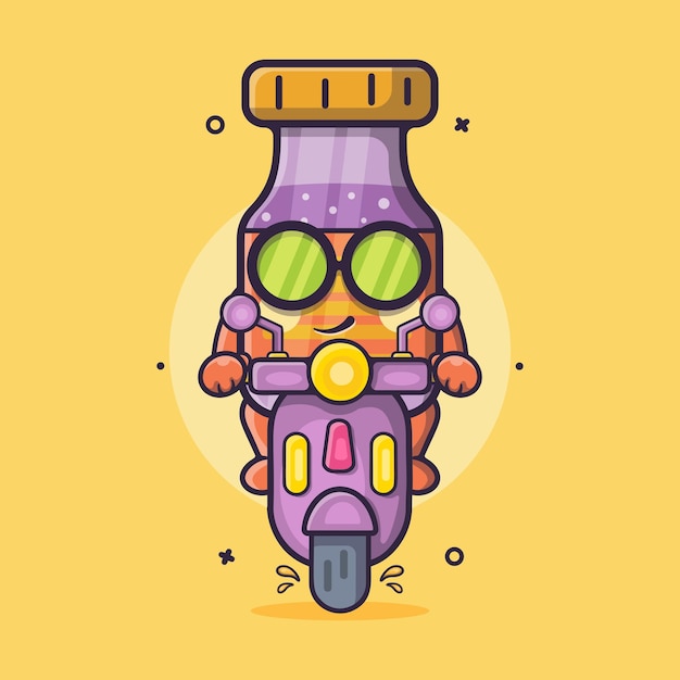fresco vacuna botella personaje mascota montar scooter motocicleta aislado dibujos animados en estilo plano diseño