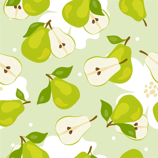 Fresco verde entero y mitad de hojas de pera frutas sobre un fondo blanco Doodle textura sin costuras mínimo