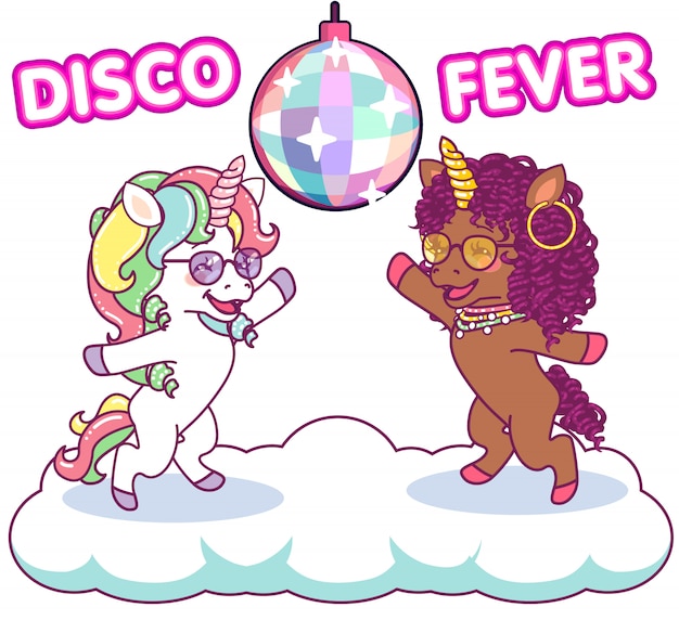 Vector frescos unicornios bailando en la discoteca bajo la bola de espejos, 70 disco fiebre