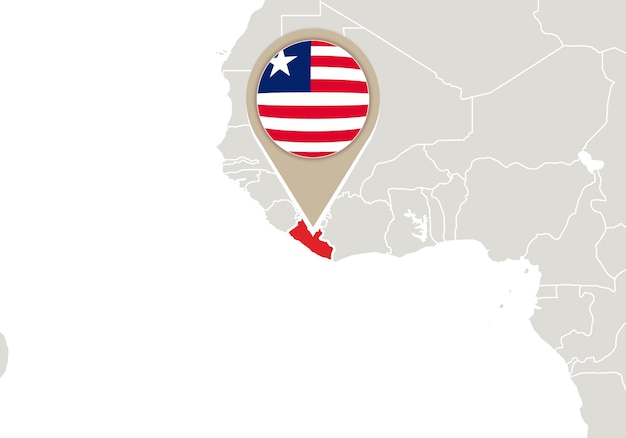 África con el mapa y la bandera de Liberia resaltados