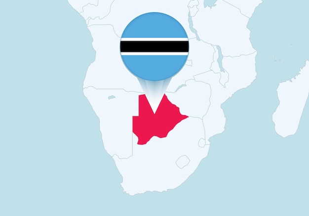 África con el mapa de Botswana seleccionado y el icono de la bandera de Botswana