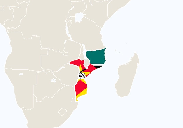 África con el mapa destacado de Mozambique. Ilustración de vector.