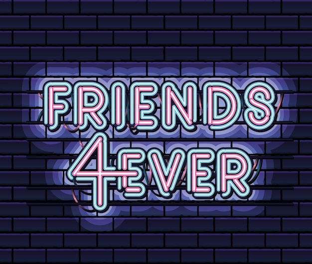 Friends 4ever letras en fuente de neón de color rosa y azul sobre diseño de ilustración azul oscuro