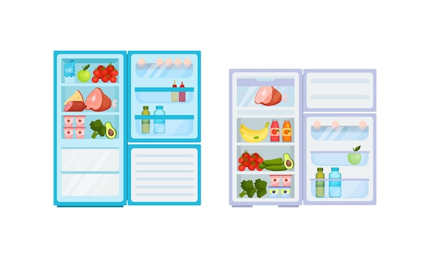 Frigorífico abierto o frigorífico como electrodoméstico para el almacenamiento de alimentos con productos alimenticios dentro del conjunto vectorial