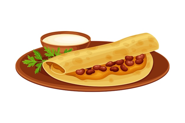 Frijoles guisados envueltos en tortillas con salsa Plato indio y plato principal servido en el plato y adornado con hierbas Ilustración vectorial de primer plano