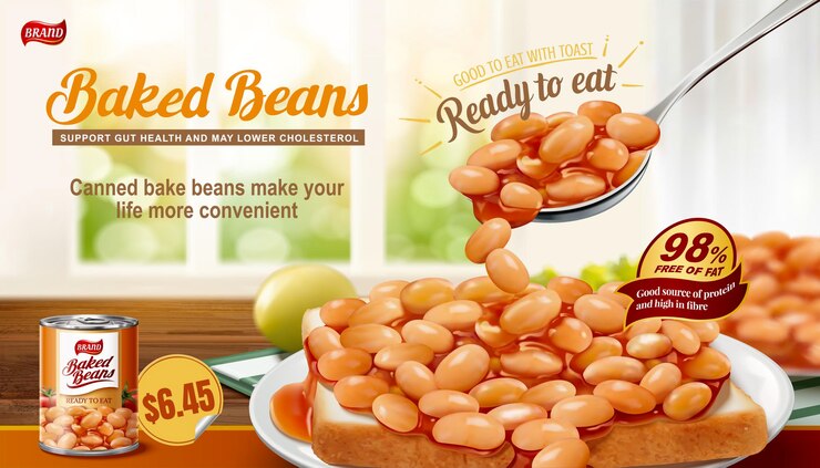 Vector frijoles horneados en anuncios de tostadas con fondo interior bokeh en ilustración 3d