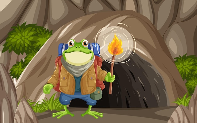 Vector frog backpacker explora en la cueva