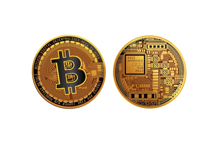 Vector front and back view of gold bitcoin coin featuring digital circuit design symbolizing blockchain technology and digital currency innovation on white background finance concept