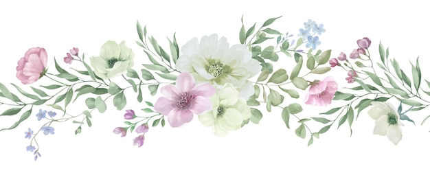 Frontera de acuarela sin costuras Ilustración floral dibujada a mano aislada sobre fondo blanco Vector EPS