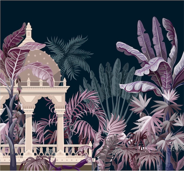 Frontera con árboles de la selva y el antiguo castillo Vector