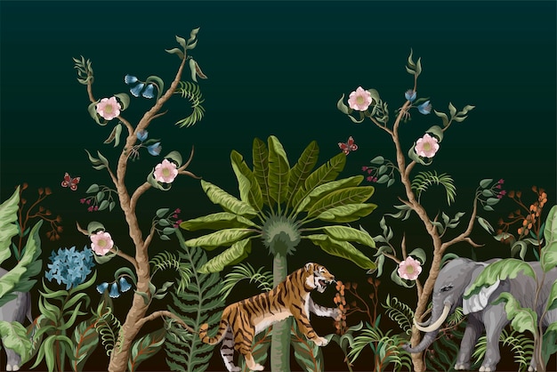 Frontera con arbustos de peonía y tigres en estilo chinoiserie Vector