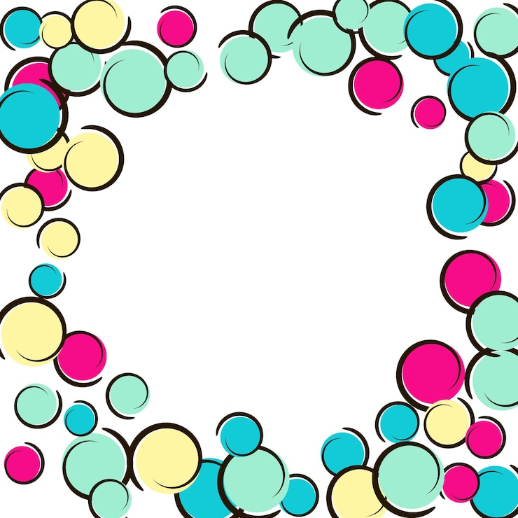 Vector frontera de arte pop con confeti de lunares cómicos. grandes manchas de colores, espirales y círculos en blanco. ilustración vectorial. salpicaduras de niños de plástico para fiesta de cumpleaños. frontera de arte pop arco iris.