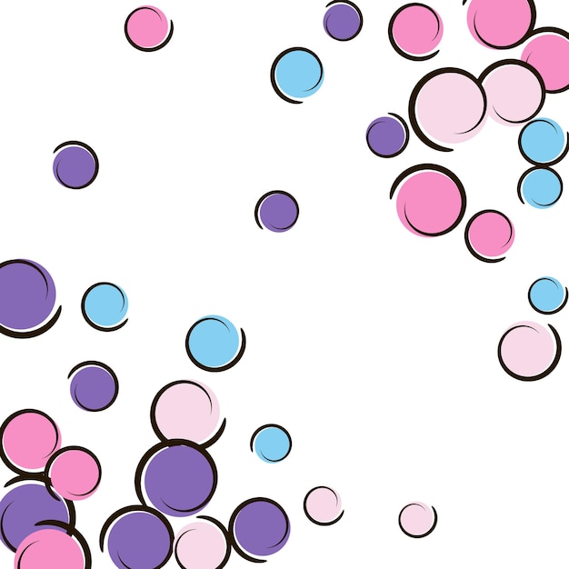 Frontera de arte pop con confeti de lunares cómicos. Grandes manchas de colores, espirales y círculos en blanco. Ilustración vectorial. Splash infantil arco iris para la fiesta de cumpleaños. Frontera de arte pop arco iris.