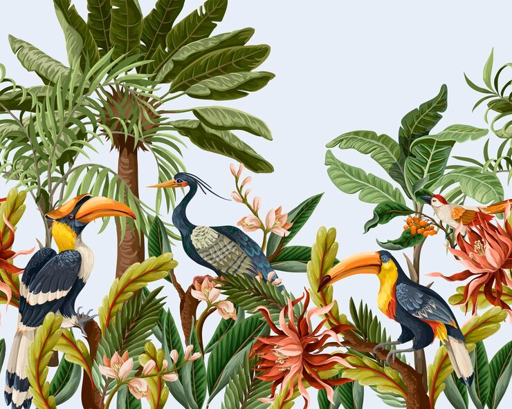 Vector frontera con aves y hojas y flores tropicales para el vector interior