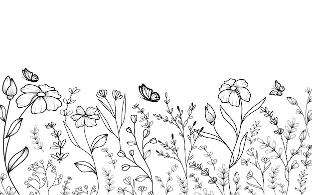 Frontera botánica transparente de vector libre con flores y vegetación de pradera de moda
