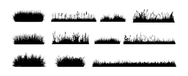 Frontera de campo de hierba aislado sobre fondo blanco silueta jardín hierba césped elementos horizontales vector ilustración