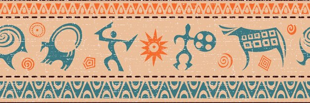 Frontera sin costuras étnica en el tema de las pinturas rupestres diseño vectorial