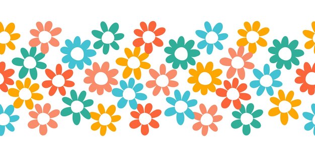 Frontera sin costuras con flores de colores y fondo blanco.