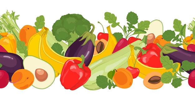 Frontera sin costuras de frutas y verduras naturales Productos agrícolas vectoriales en fondo blanco Rábano brócoli calabacín berenjena plátano cereza albaricoque aguacate apio apio pimienta al estilo de dibujos animados
