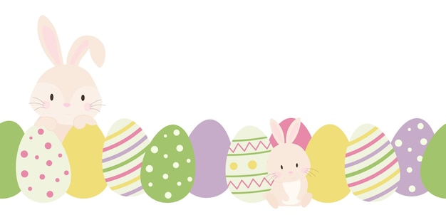 Frontera sin costuras de Pascua con coloridos huevos y conejos