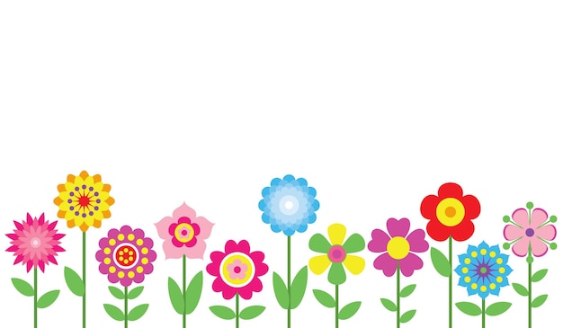 Frontera de flores de primavera aislado sobre fondo blanco. Iconos florales coloridos simples en colores brillantes. Colección de silueta de flores decorativas. Bandera blanca horizontal. Ilustración vectorial.