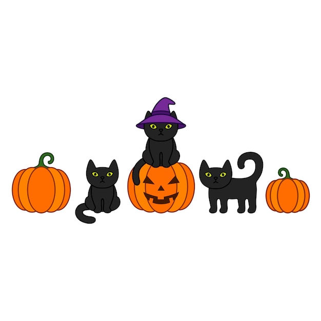 Frontera de halloween con gatos negros y calabazas