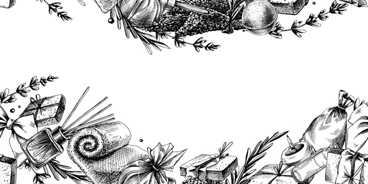 Vector frontera horizontal con cosméticos y accesorios para el baño y el spa línea de ilustración gráfica