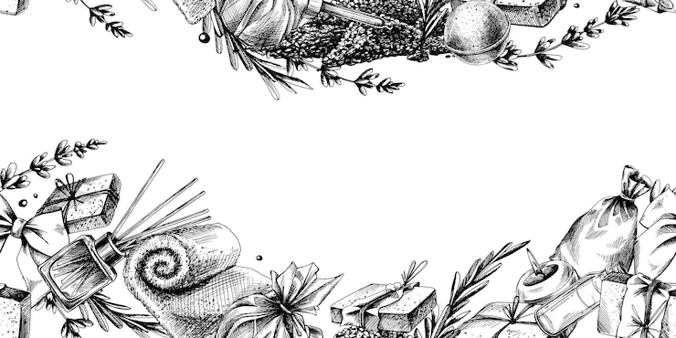 Vector frontera horizontal con cosméticos y accesorios para el baño y el spa línea de ilustración gráfica