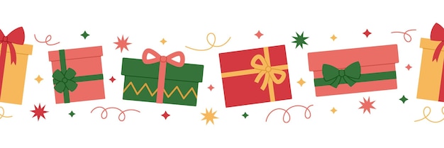 Frontera horizontal hecha de cajas de regalos coloridas con arcos Regalos de vacaciones, Navidad o cumpleaños