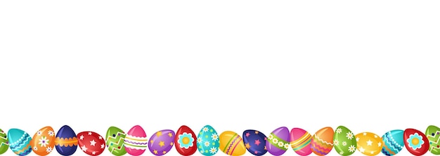 Frontera de huevos de Pascua brillantes multicolores en una fila
