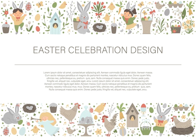 Frontera de marco de diseño horizontal de Pascua con conejito, huevos y niños felices.