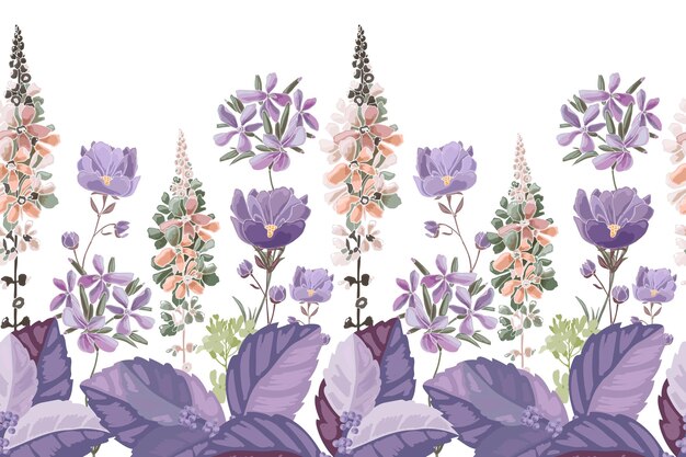 Vector frontera de patrón sin costuras floral vectorial lila color violeta melocotón flores y hierbas en un blanco