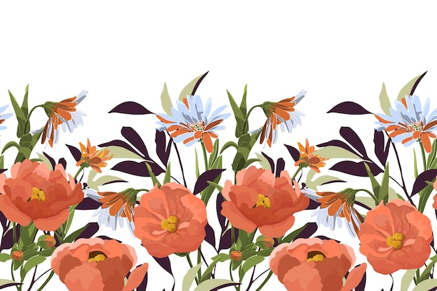 Frontera de patrones sin fisuras florales vectoriales ilustración panorámica horizontal con flores naranjas