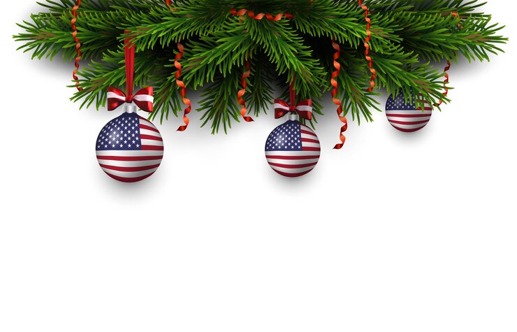 Frontera de ramas de árboles de Navidad con cinta roja y bolas con bandera americana. Feliz navidad y próspero año nuevo tarjeta