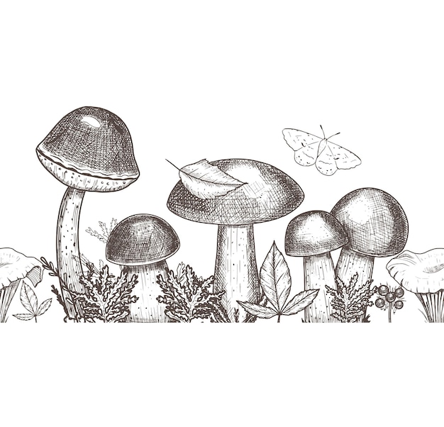 Frontera con setas comestibles Ilustración vectorial dibujada a mano