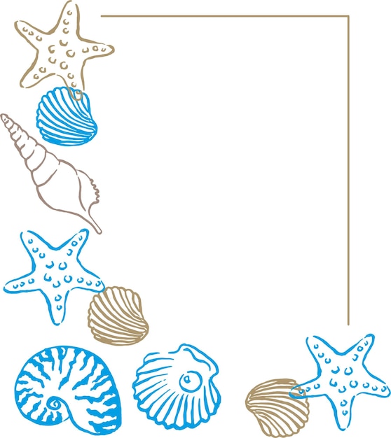 Frontera vectorial con conchas marinas marco de línea arte elementos marinos tropicales conchas marinos estrellas de mar