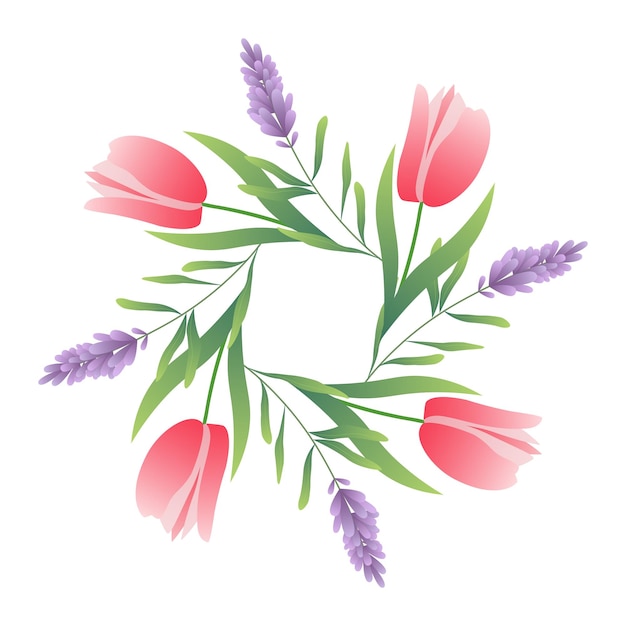 Frontera verde cuadrada decorada con follaje lavanda y tulipanes Ilustración botánica elegante