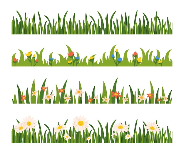 Vector fronteras de hierba y flores cartoon césped verde horizontal prado con color de manzana flores de jardín campo hierbas silvestres fronteras decorativas sin costuras colección vectorial