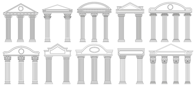 Vector frontones antiguos. fachada del templo de arquitectura griega y romana con pilares antiguos